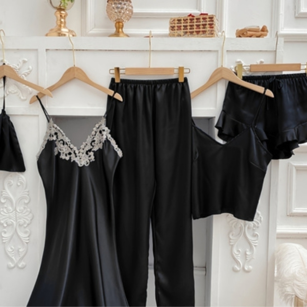 Luxurious Silky Soft 5 pcs. Lingerie Set in Black  Sizes  S-M-L-XL